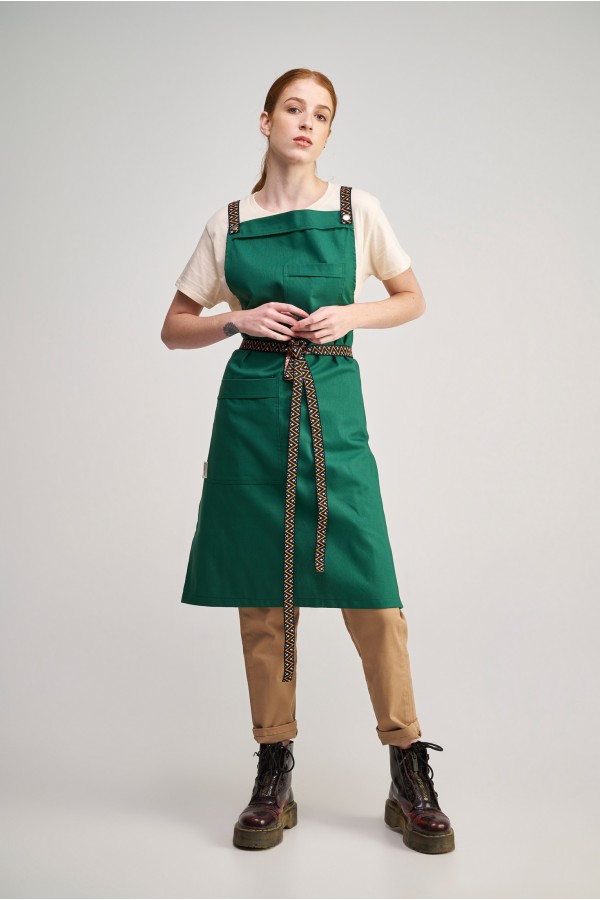 Ολόσωμη Ποδιά Modern σε χρώμα royal green , με σετ αποσπώμενα Λουριά Ethnik Orange Stripe